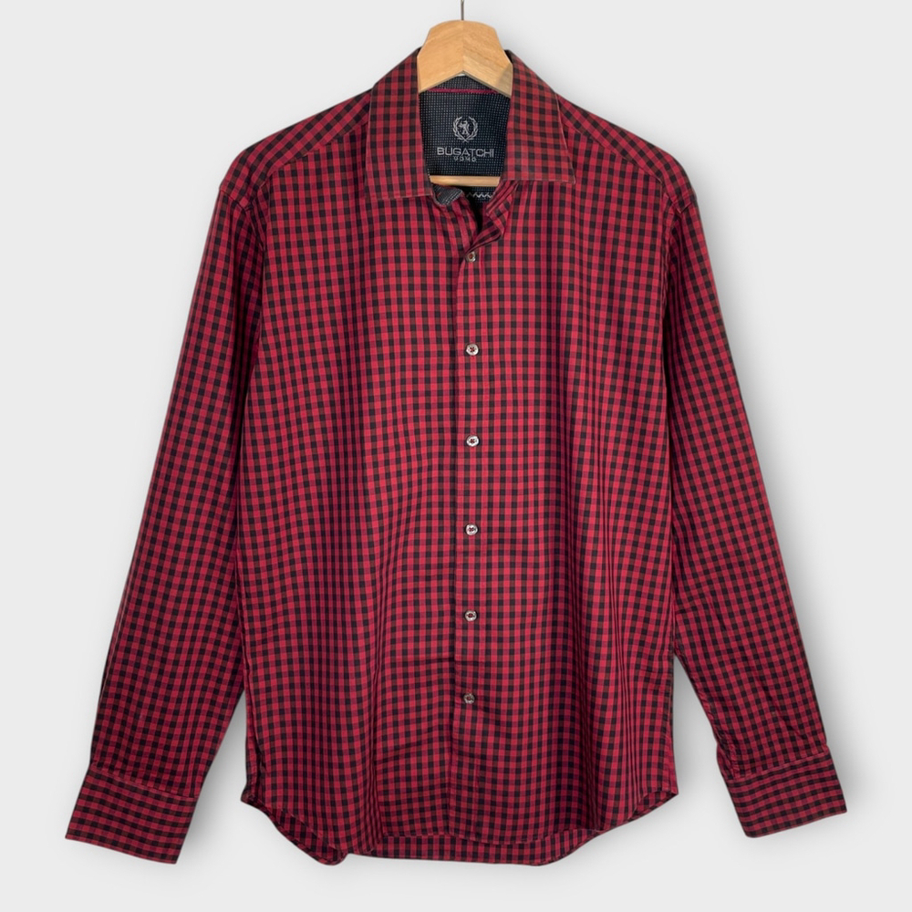 🦜 Bugatchi Uomo Shirt Mens MEDIUM Shaped Fit 100% Cotton Plaid Red Black